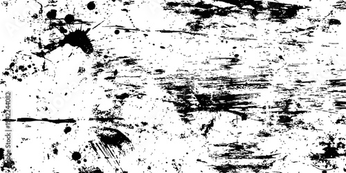 Black and white distressed grunge texture with paint splatters scratches and ink drops abstract background vector