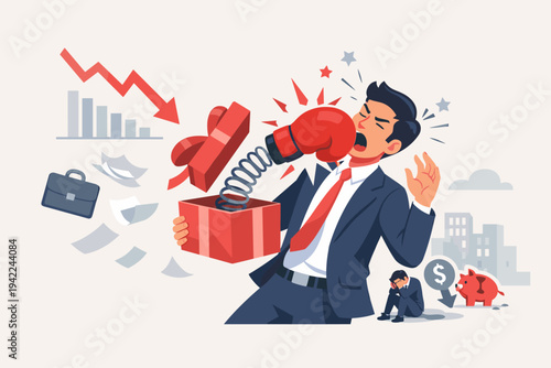Businessman getting punched by boxing glove from gift box, symbol of job loss, unemployment, business failure, stock market crash, economic crisis, financial loss, bad news and bankruptcy risk.