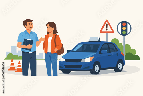 Driving School Concept with Male Instructor Holding Clipboard Talking to a Female Student Next to a Blue Training Car, Background with Traffic Cones, Warning Signs, and Traffic Lights Illustration