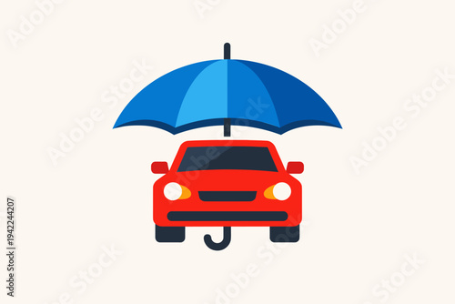 Red car under a blue umbrella representing car insurance and vehicle protection. Flat vector illustration symbolizing safety, security, coverage, and financial support for auto accidents and risk.