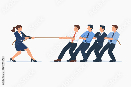 Businesswoman in a Tug of War Against a Group of Male Coworkers, Concept of Gender Inequality, Workplace Competition, Female Empowerment, Leadership, and Corporate Struggle, Flat Vector Illustration