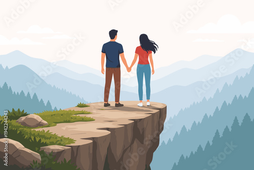 Vector Illustration of a Romantic Couple Man and Woman Holding Hands Standing at the Edge of a Cliff Looking at a Scenic Mountain Landscape with Pine Forests and Misty Valleys at Sunrise
