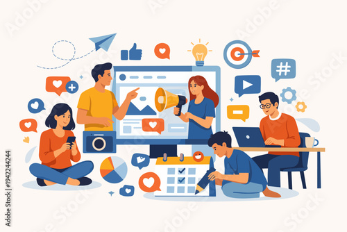 Creative team of professionals collaborating on social media marketing and account management. Flat vector illustration of people using digital devices, analyzing data, and creating content.