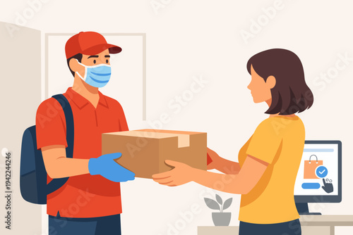 Deliveryman in Red Uniform Wearing Protective Face Mask and Gloves Handing Cardboard Box to Woman at Home Doorway, Concept of Safe Online Shopping, E-commerce, and Contactless Home Delivery Service