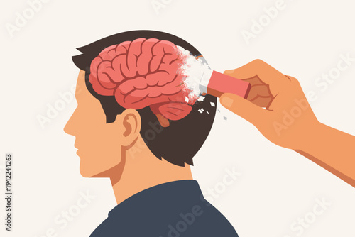 Vector Illustration of a Hand Erasing the Human Brain of a Man, Representing Memory Loss, Alzheimer's Disease, Dementia, Cognitive Decline, Amnesia, Forgetting Memories, and Mental Health Issue