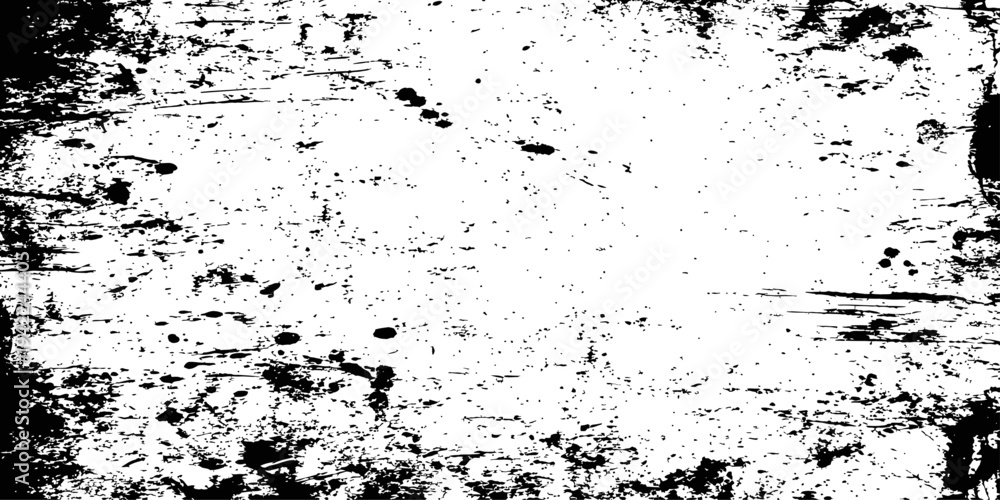 Fototapeta premium Abstract Black and White Grunge Texture Overlay Vector Distressed Background with Scratches and Ink Splatter for Graphic Design