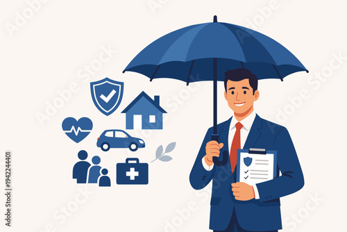 Professional Insurance Agent Holding a Large Blue Umbrella Providing Protection and Coverage for Home, Car, Health, Life, and Medical Needs, Flat Vector Illustration for Business and Finance