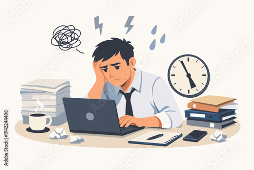 Stressed and Overworked Businessman Sitting at Desk with Laptop and Piles of Paperwork, Feeling Burnout and Pressure Under Tight Deadlines, Flat Vector Illustration of Work Stress and Anxiety.