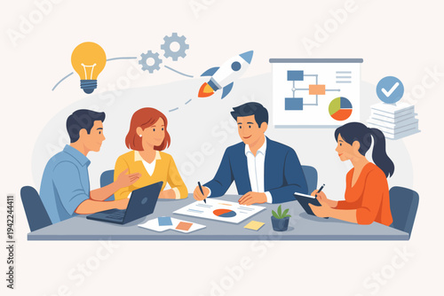 Professional businesspeople sitting at a table managing a new project with brainstorming icons like a lightbulb, rocket, and gears. Flat vector illustration of a team working on a startup idea.