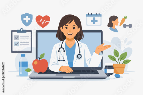 Professional female physician offering online health consultation and medical advice through a laptop screen. Flat vector illustration featuring telemedicine, nutrition, and wellness icons.