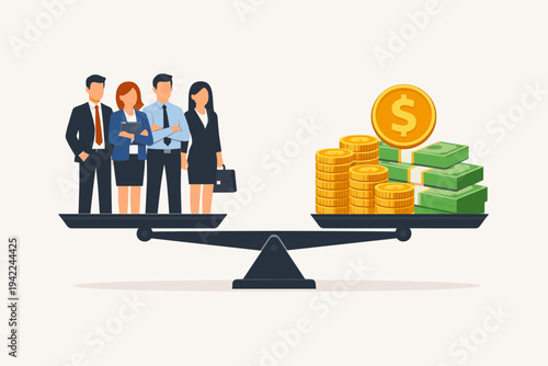 Balanced Scale with Group of Business People and Money Stacks. Concept of Human Resources, Employee Value, Salary, Recruitment, and Corporate Investment. Flat Vector Illustration for Business.