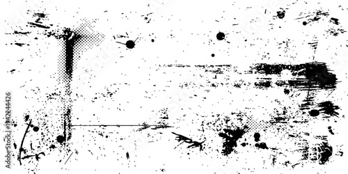Distressed vector grunge texture background black and white abstract overlay with ink splatters scratches and halftone dots