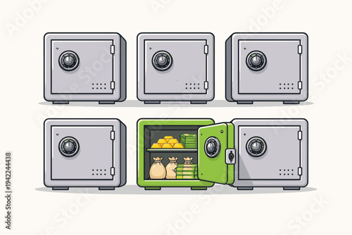 Vector illustration of bank safe lockers with one green open vault revealing gold bars, stacks of cash, and money bags among closed grey metal security boxes for finance and wealth concept.