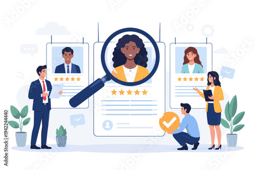 Human Resources Recruitment Agency Team Choosing the Best Candidate to Hire for a Job Vacancy. HR Managers Reviewing Professional Resumes and Profiles with Magnifying Glass and Star Ratings.