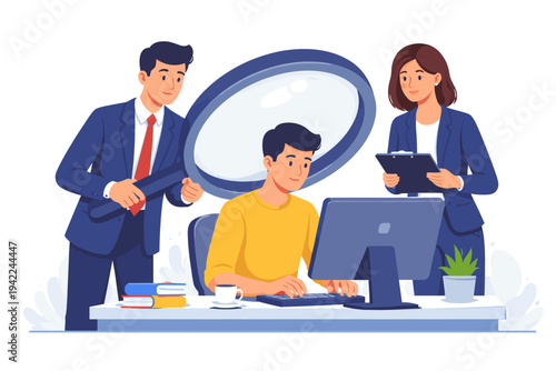 Business managers in suits supervising a young male employee working on a computer with a giant magnifying glass, concept of micromanagement, workplace monitoring, and performance evaluation.