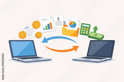 Vector Illustration of Two Laptops Exchanging Financial Data, Documents, and Money. Ideal for Online Banking, Digital Accounting, Business Transactions, and Secure Electronic File Transfer.