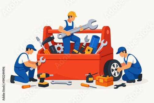 Flat Vector Illustration of Professional Mechanics and Handymen Working with Industrial Tools Around a Large Red Toolbox, Repairing a Car Tire and Using Wrenches, Screwdrivers, and Equipment