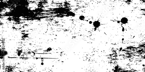 Black and white grunge distressed texture vector background with ink splatters, scratches, and worn surface effect overlay element