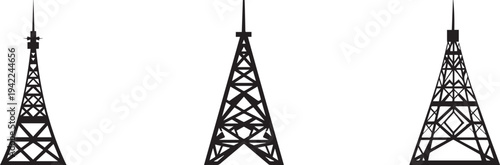 Minimal black telecommunication tower icons set representing wireless network antennas, radio broadcast transmitters and mobile signal infrastructure used for internet connectivity and communication s