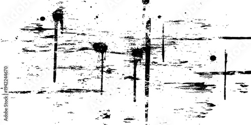 Black and White Grunge Distressed Overlay Texture with Paint Drips and Ink Splatters Vector Background Element