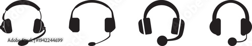 Minimal black headset and microphone icons collection representing call center operators, customer service support, online communication and help desk assistance used in technology, telecom and UI des
