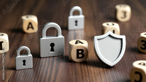 Padlocks, a shield, and alphabet blocks are arranged on a wooden surface, representing data security.