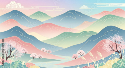 Colorful Mountain Landscape with Pink Cherry Blossom Trees.