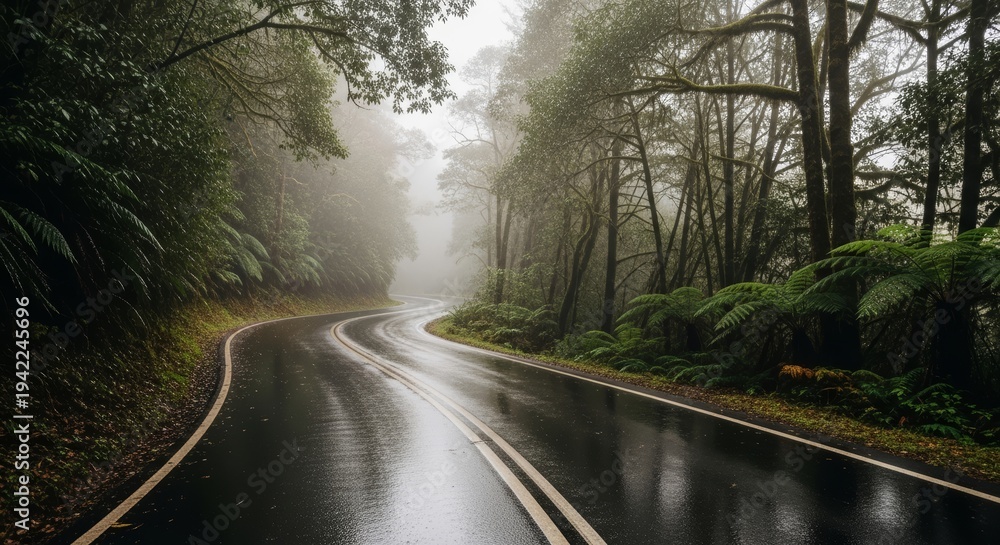 Fototapeta premium Winding Wet Road Through Misty Rainforest with Lush Greenery