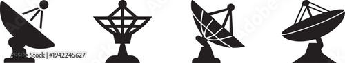 Minimal black satellite dish and radio antenna icons showing ground communication receivers and broadcasting equipment symbols isolated for telecom technology, signal transmission and space communicat