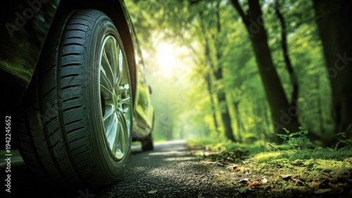 Car Tire on Road Through Forest: Automotive, Green Energy, and Sustainable Transportation Concepts