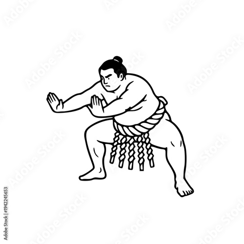 Traditional Japanese Sumo Wrestler Pose – Powerful Rikishi Martial Arts Athlete and Culture Symbol Minimalist Line Art Illustration