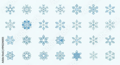 Collection of Blue Snowflake Icons in Various Designs.