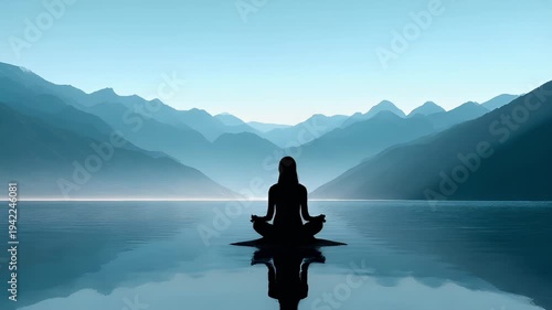 Zen Buddhism, meditation, inner peace, Chinese Japanese Asian tradition. Therapy stress release treatment, health lifestyle. A person meditating in a tranquil lake surrounded by majestic mountains.