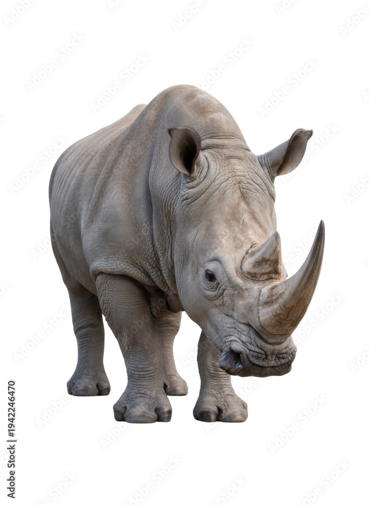 Fototapeta premium 白い背景に立つサイの全身像。力強く、堂々とした姿が特徴で、野生動物の力強さと美しさを表現しています。動物園、自然保護、教育関連のデザイン素材に最適です。