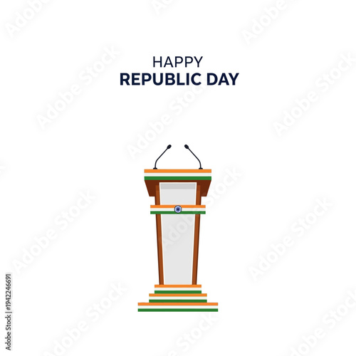 Illustration of a podium with microphones on a colorful base, celebrating Happy Republic Day with a patriotic design and symbol, against a clean white background.