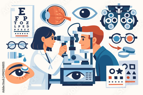 Professional female eye doctor performing an eye exam on a male patient using a slit lamp, vector collage with medical equipment like phoropter, Snellen chart, glasses, and contact lenses.