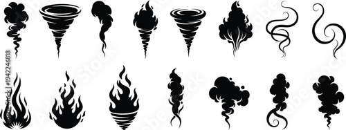 Black and white illustrations of various natural phenomena and elemental symbols