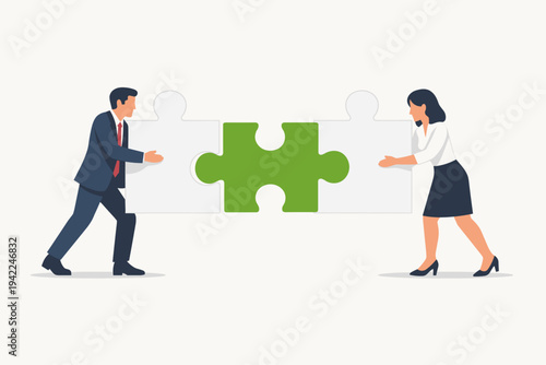 Business Man and Businesswoman Connecting Jigsaw Puzzle Pieces with a Green Center Piece, Concept of Teamwork, Collaboration, Business Partnership, Strategic Solution and Successful Integration.