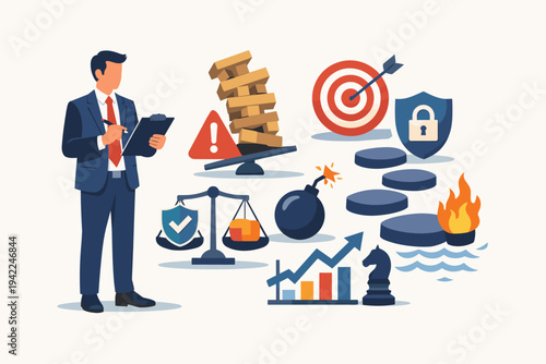 Business Man Risk Management Specialist Analyzing Potential Threats and Crisis Situations with Symbols of Security, Strategy, and Financial Stability in a Flat Vector Illustration Concept.