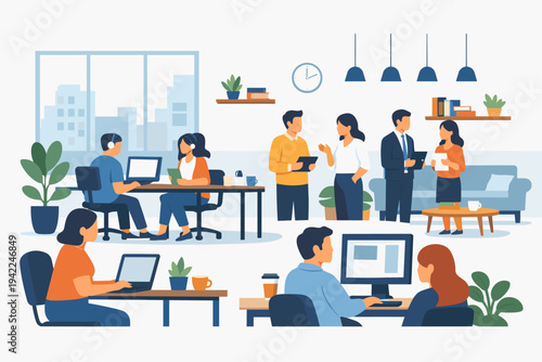Modern business workplace with open office space and diverse employees working on laptops, collaborating in teams, and using desktop computers in a simple flat vector illustration style.