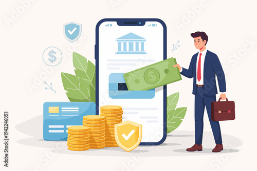 Businessman in a Professional Suit Making a Mobile Deposit into a Bank Account via Smartphone App, Online Banking Concept with Gold Coins, Credit Card, and Security Shield, Flat Vector Design