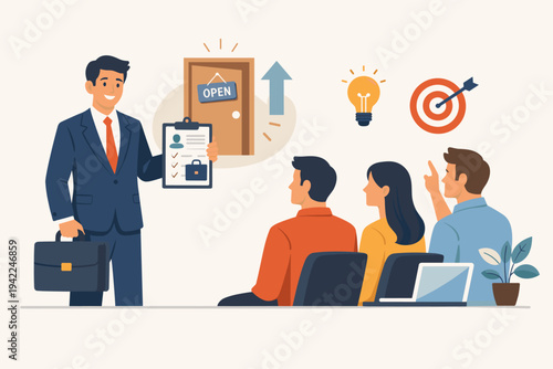 Corporate Boss Offering New Employment Opportunity to Employees with Resume Checklist and Business Icons for Career Growth, Recruitment, and Hiring Success, Simple Flat Vector Illustration.