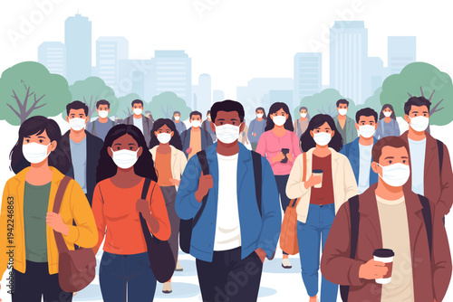 Diverse Crowd of People Wearing Protective Face Masks Walking on a Busy City Street with Skyscrapers in the Background, Concept of Public Health Safety, Pandemic Prevention and Urban Lifestyle.
