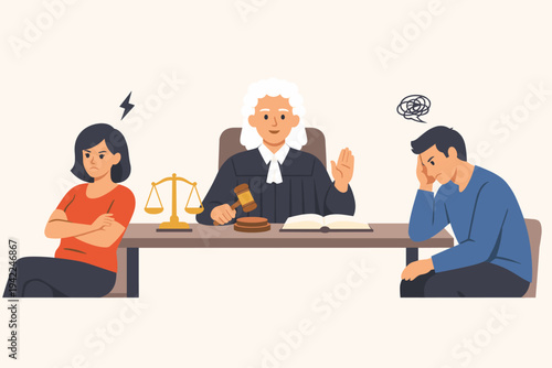 Judge Moderating a Relationship Conflict or Divorce Between a Couple in a Courtroom, Legal Mediation, Justice System, Family Law, Dispute Resolution, Simple Flat Vector Illustration Scene