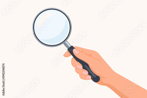 Vector Illustration of a Female Hand Holding a Magnifying Glass for Searching, Investigating, and Analyzing Information. Simple Flat Design Concept for Business Research, Science, and Discovery.