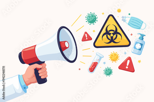 Doctor hand holding megaphone announcing quarantine alert with biohazard sign, virus cells, medical face mask, hand sanitizer, and warning icons for pandemic emergency and public health safety.
