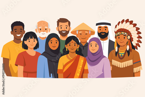 Diverse Group of People from Different Ethnicities and Cultures in a Simple Flat Vector Illustration, Representing Global Unity, Inclusion, and Multiculturalism with Various Traditional Attire.