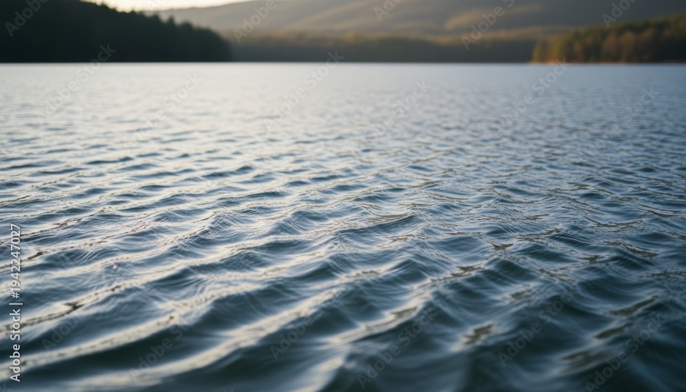 Fototapeta premium Rippling Water Surface Of A Calm Lake With Blurred Mountains And Forest In The Background During Golden Hour
