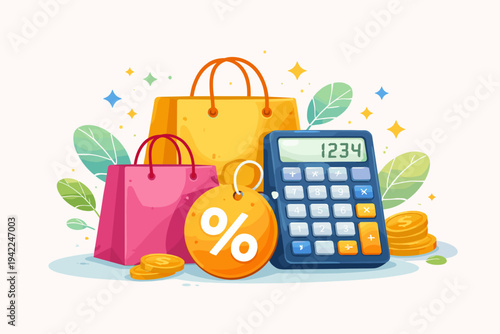 Vibrant flat vector illustration of shopping bags, a calculator, and a discount tag with a percent symbol and gold coins, representing retail sales, budgeting, financial planning, and savings.