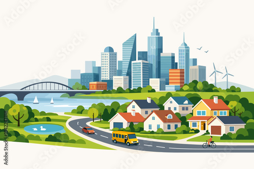 Modern Urban Landscape Vector Illustration with City Skyline Skyscrapers, Suburban Neighborhood Houses, River Bridge, Green Parks, Road with Bus and Car, and Sustainable Wind Energy Turbines
